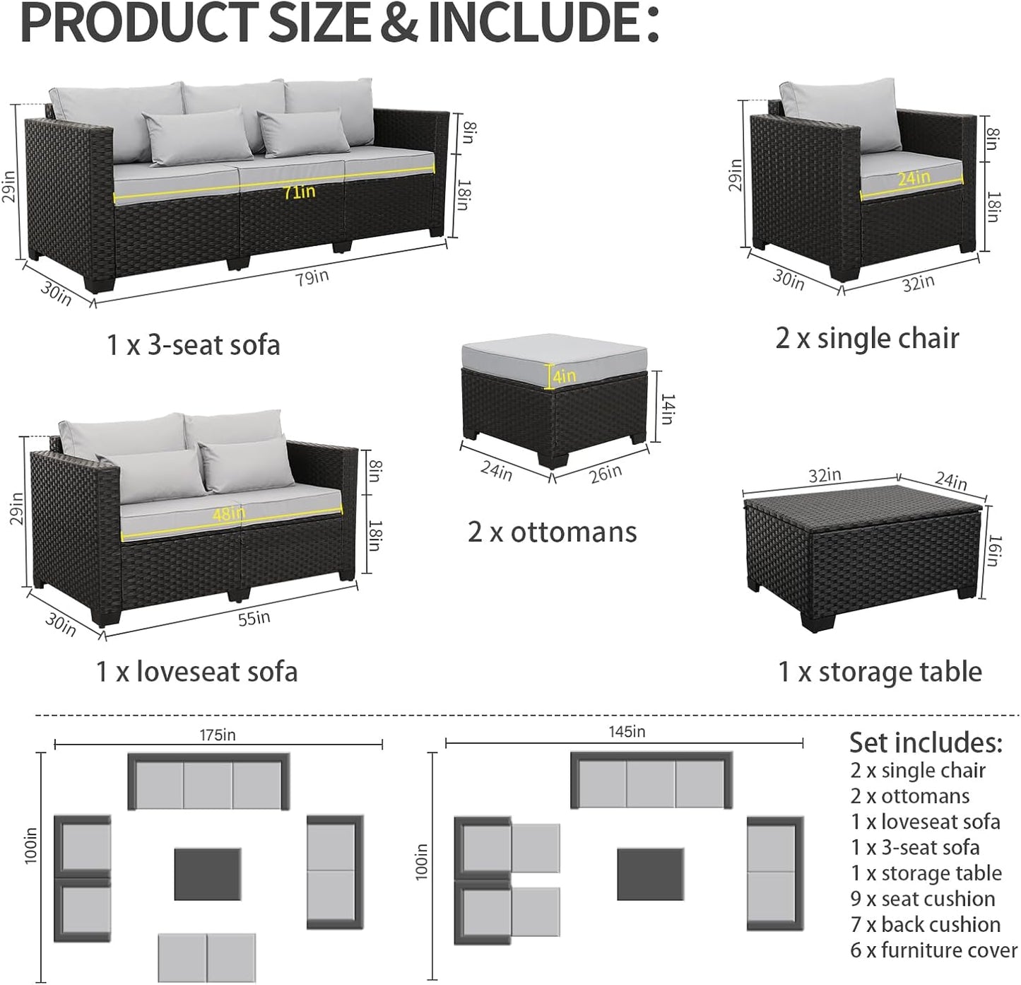 Patio Furniture Sets 7 Pieces Outdoor Furniture Sectional Patio Couches Set Storage Table No-Slip Grey Cushions and Waterproof Covers