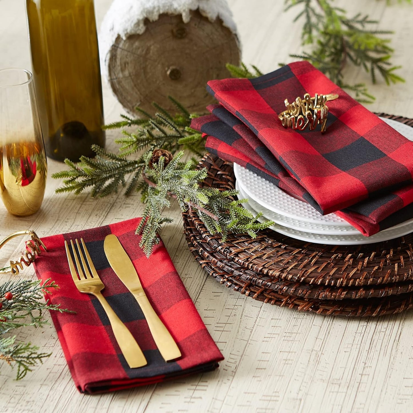 Buffalo Check Collection, Classic Farmhouse Tabletop Set, Napkin Set, 20X20", Red & Black, 6 Piece